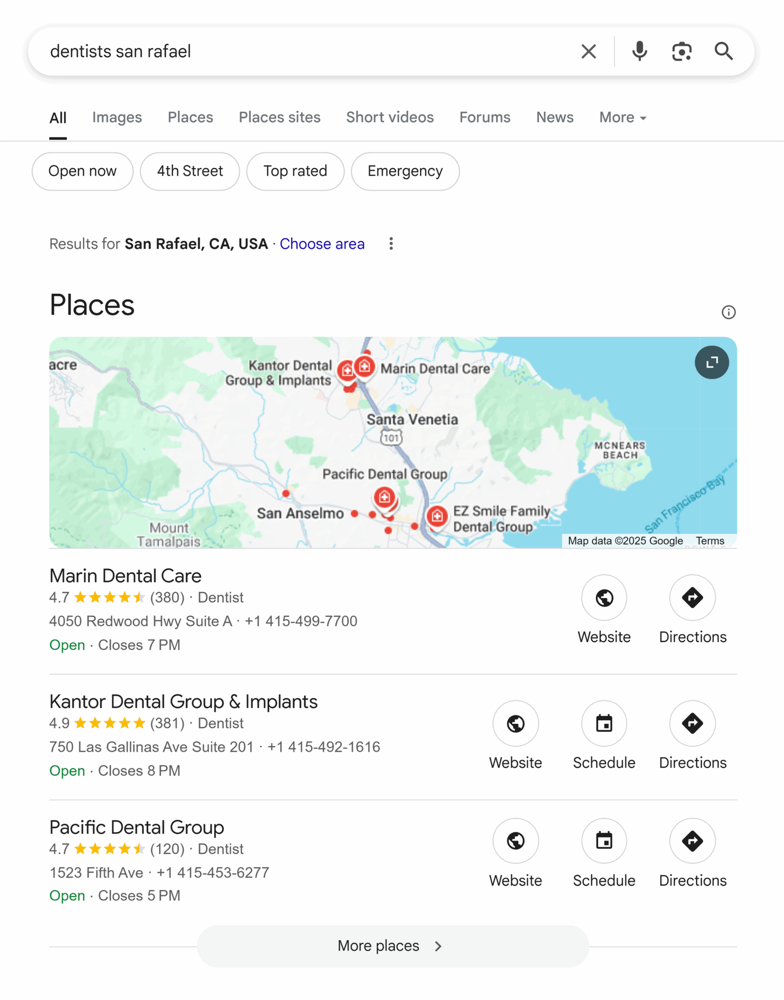 A Google search results page showing the Local Pack for a query. 