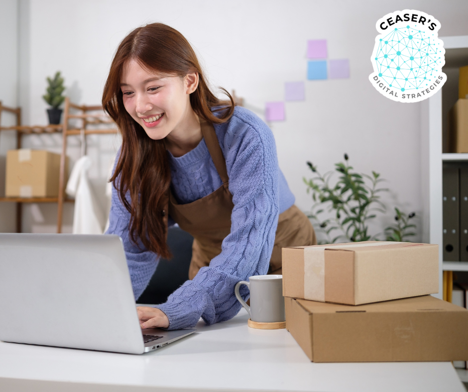 An Iowa small business owner packing online orders for shipping after setting up an ecommerce website.